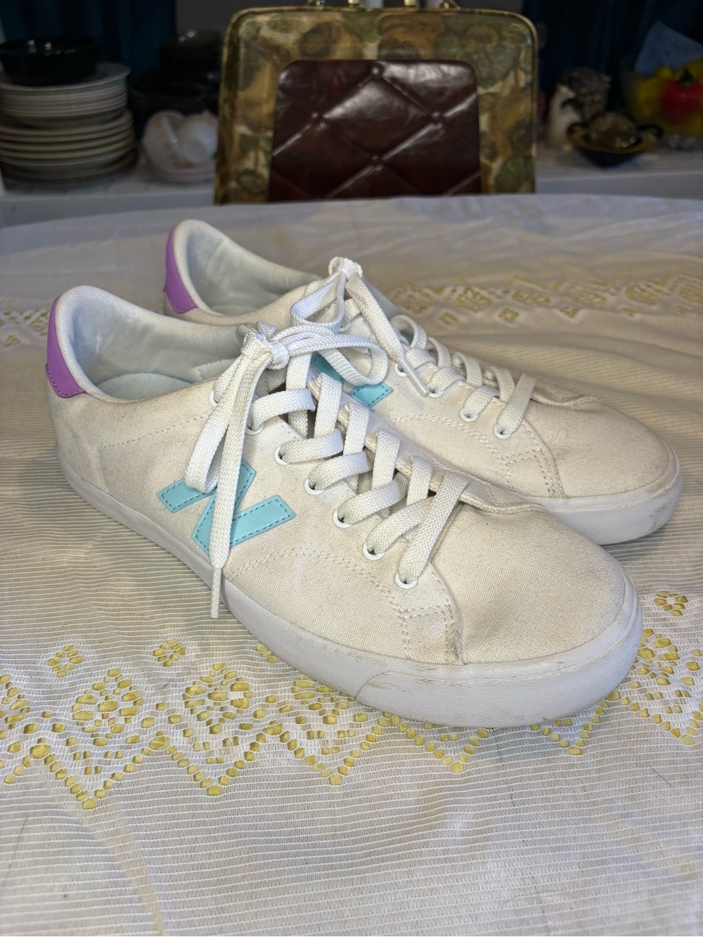 New Balance White Sneakers with Mint Side Logo and Lavender Heel
